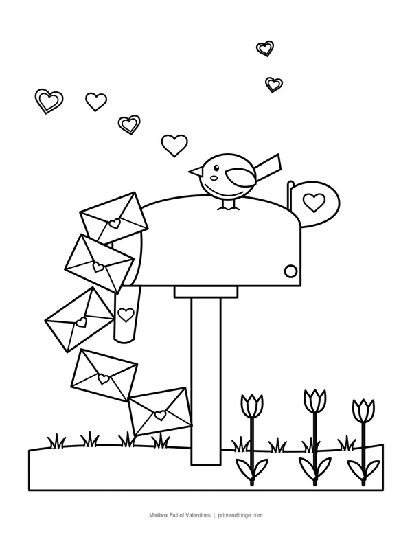 Mailbox Full of Valentines printable coloring page