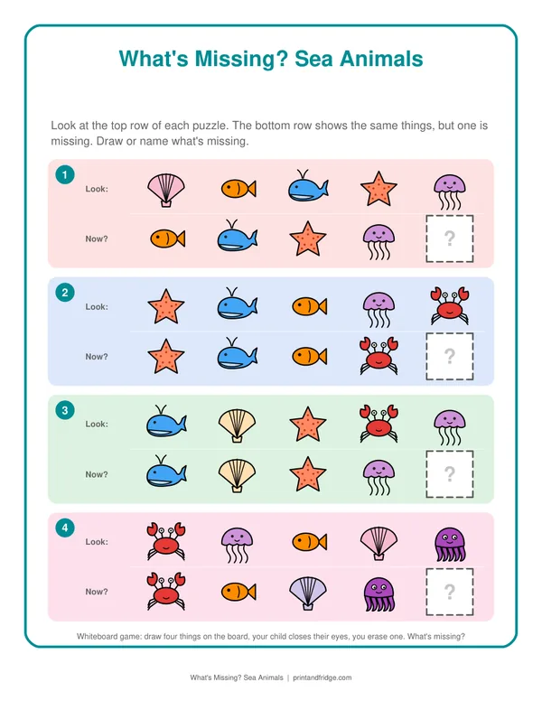 What's Missing? Sea Animals printable game